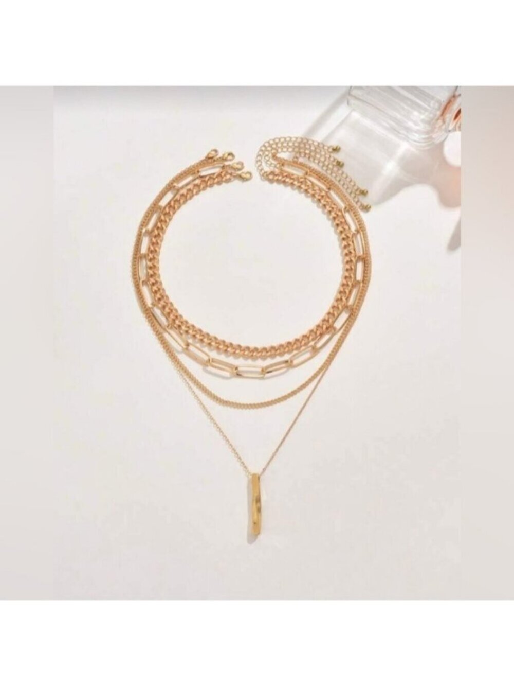 Gold Tone Layered Chain Necklace Set 4PC Cuban Paperclip Pendant Stack - Picture 3 of 3